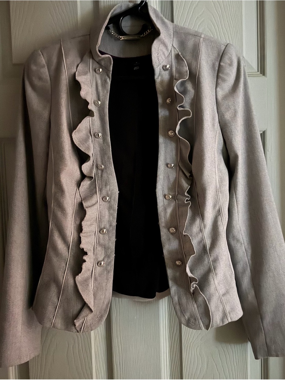 White House Black Market Gray Herringbone Ruffle Military Blazer, Peplum Back